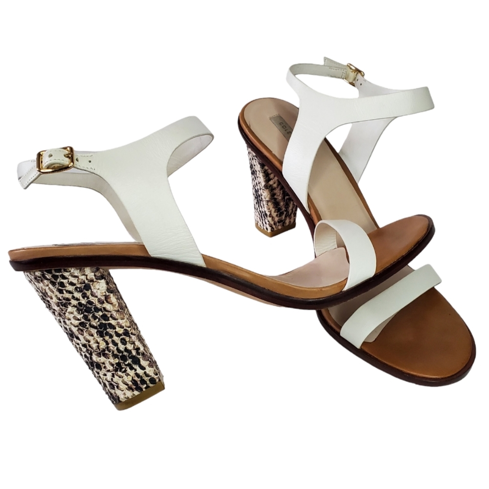 Cole Haan "Cambon" Leather Chunky  Heel Open Toe Sandals White/Snake Print Sz 10